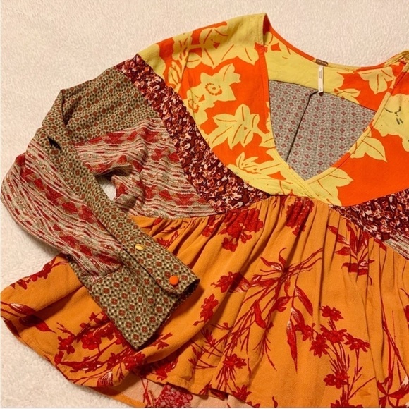 Free People Aloha State of Mind Patchwork Top Flower Detail Drapey Orange Yellow - Picture 8 of 14